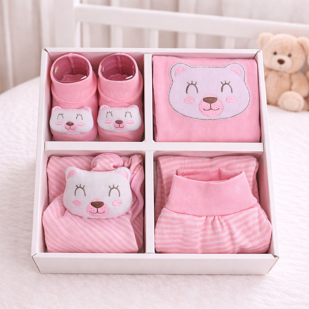 Presente Bebê Recém Nascido 4 Peças Body Manga Longa Calça Naninha e Meia Pantufa Bichinho 3D Menina