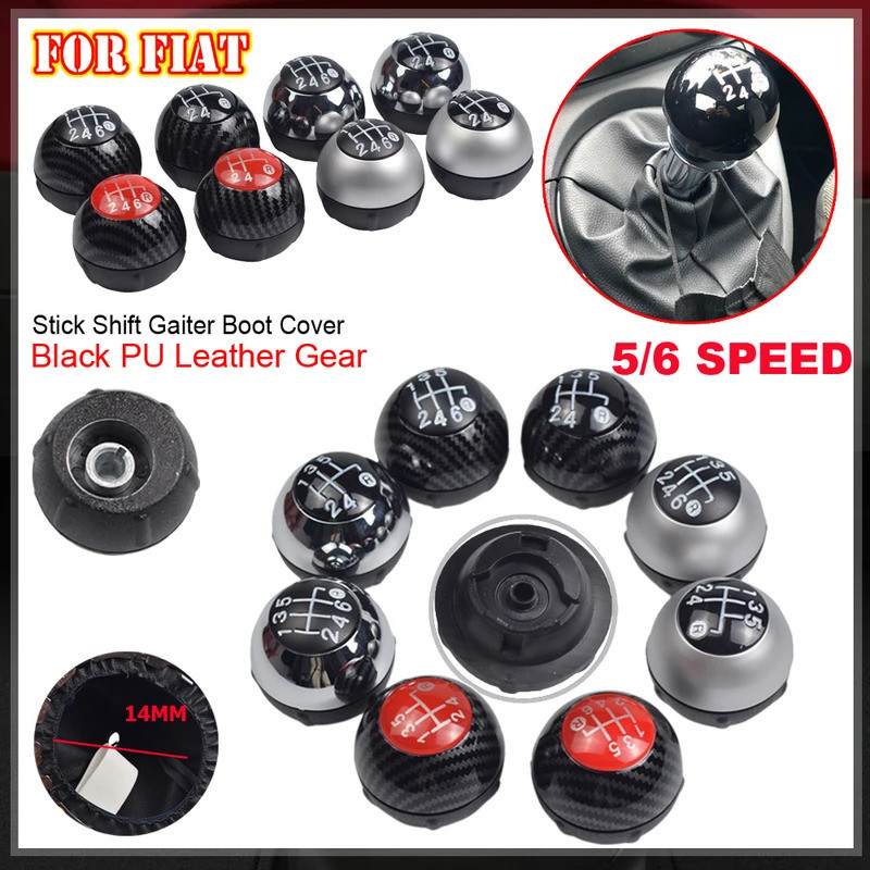 Manopla de Câmbio 5/6 Velocidades em Preto/Prata Cromada/Fibra de Carbono com Coifa para Fiat 500 2012-2018