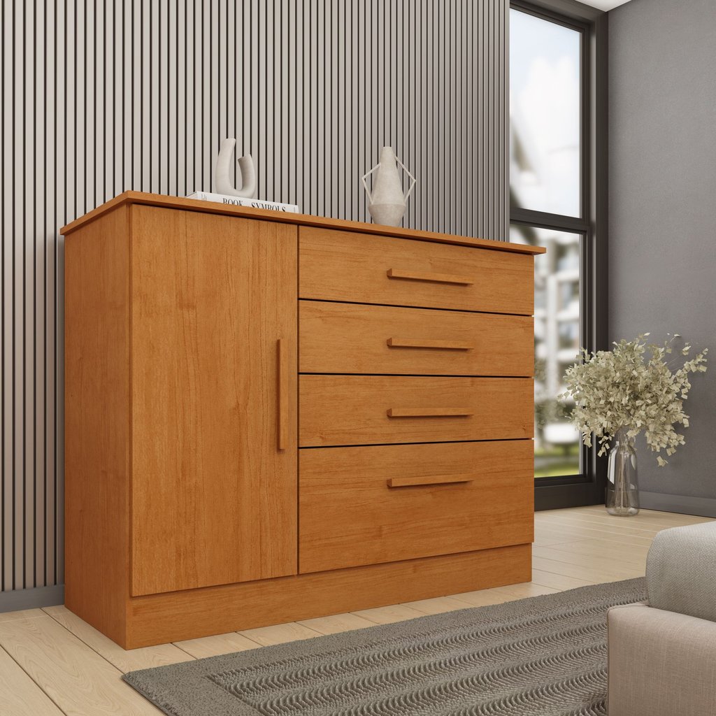 Cômoda 1 Porta 4 Gavetas 104cm Chicago Bege/Cinamomo Cinamomo