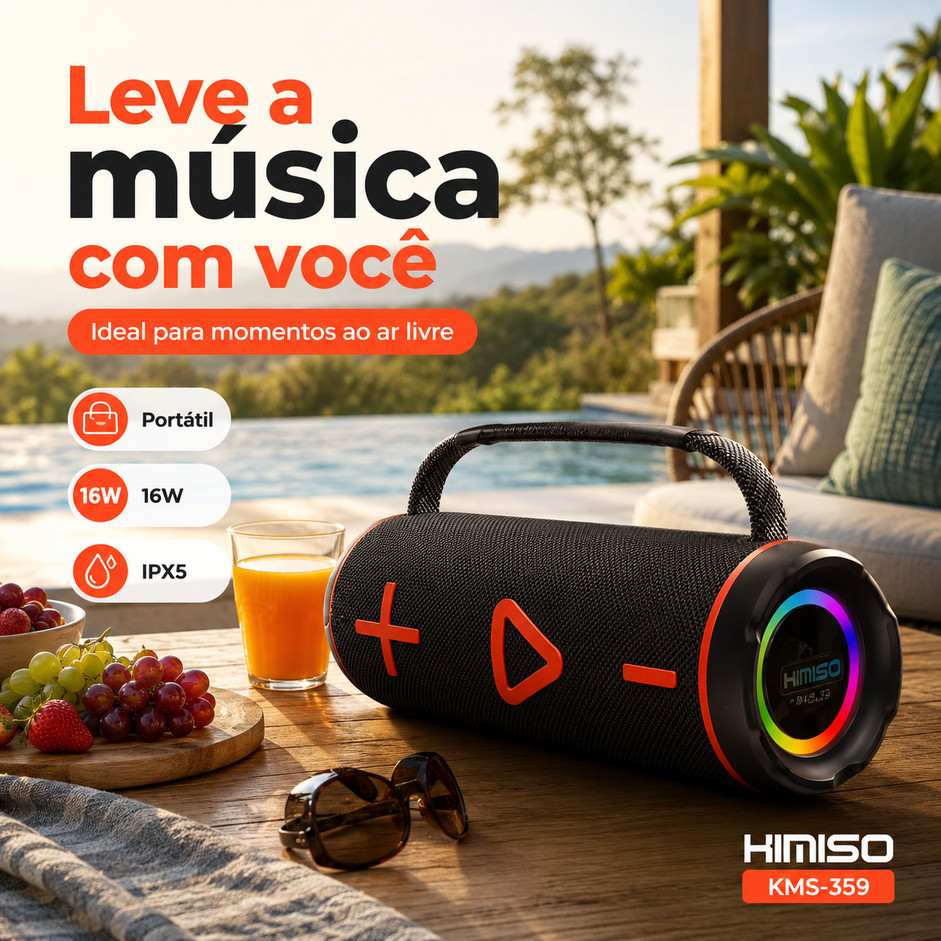 Caixa de Som Bluetooth Portátil Hiniso KMS-359 16W com LED, USB, Rádio FM e Alta Potência