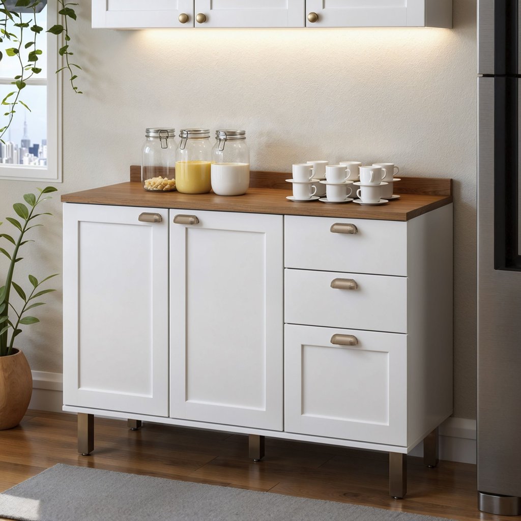 Balcão para Cozinha 2 Portas 3 Gavetas Provençais com Tampo Iluminata Branco/Fosco/Ébano Branco Fosco/Ébano Fosco