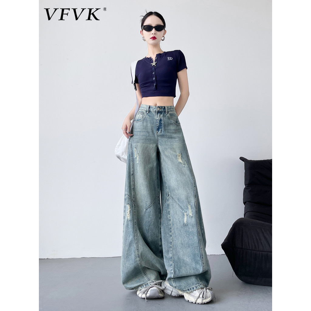 Vfvk cintura alta perna larga rasgado Jeans feminino verão estilo fino 2026 novo estilo americano Machete calças feminin