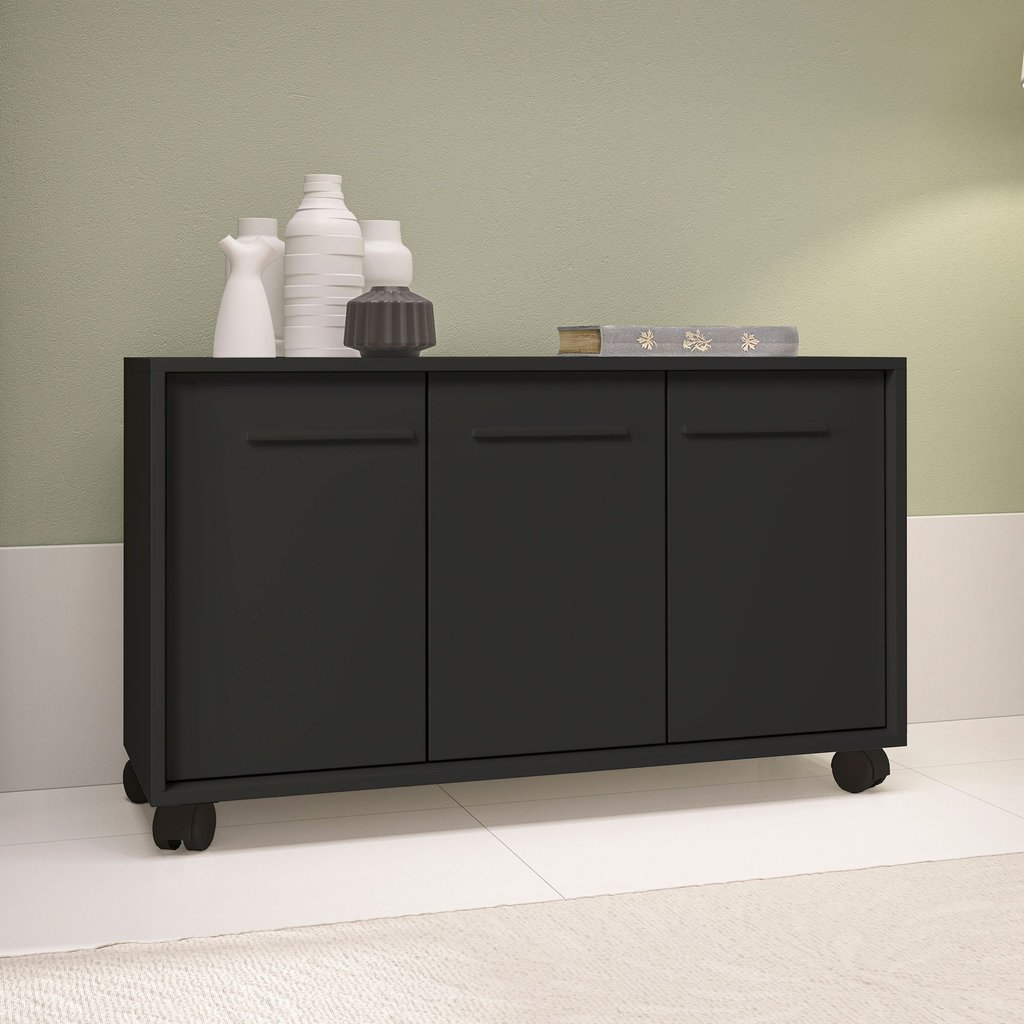 Balcão Multiuso 3 Portas 1 Prateleira com Rodízios 53.5x90x33cm Preto