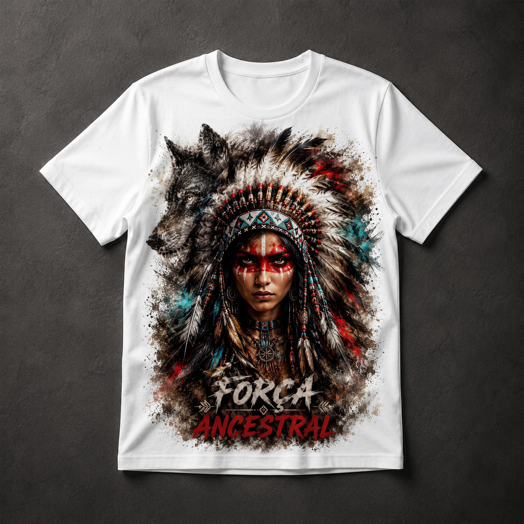 Camiseta Masculina Força Ancestral Guerreira Indígena Lobo Cocar Estampa Premium