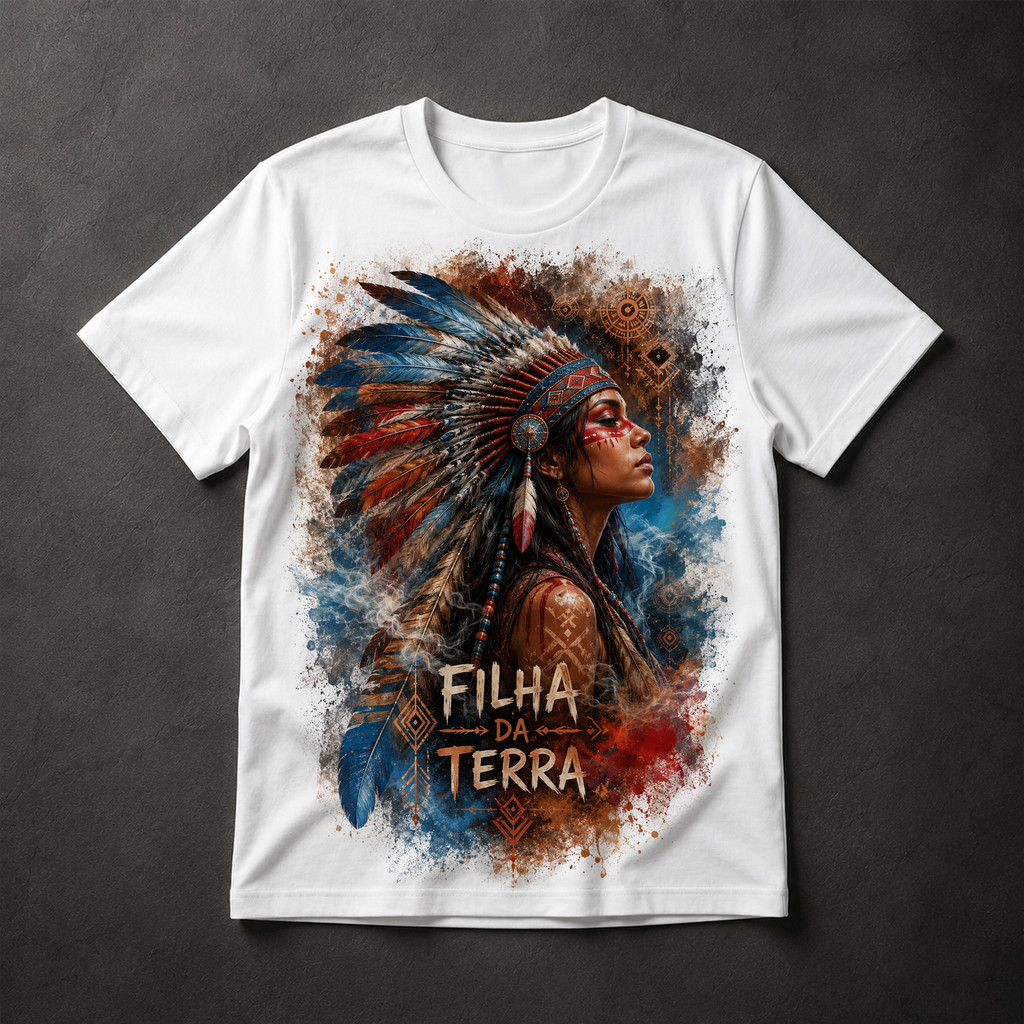 Camiseta Filha da Terra Indígena Cocar Feminina Tribal Arte Étnica Estampa Premium