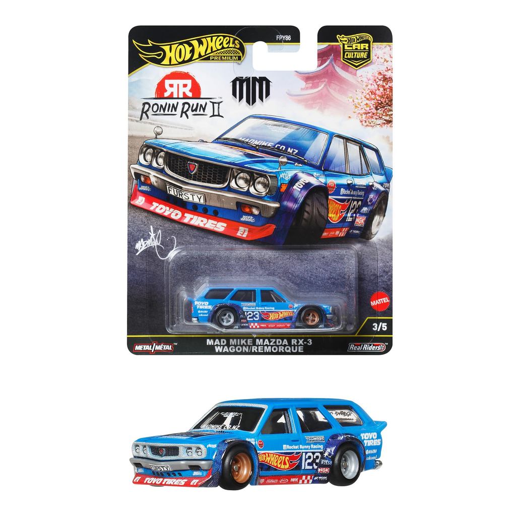 Hot Wheels Car Culture Ronin Run II Mad Mike Mazda RX-3 Wagon/Lemolc Vehicle Toy Miniature Car for Ages 3 and Up Blue JB
