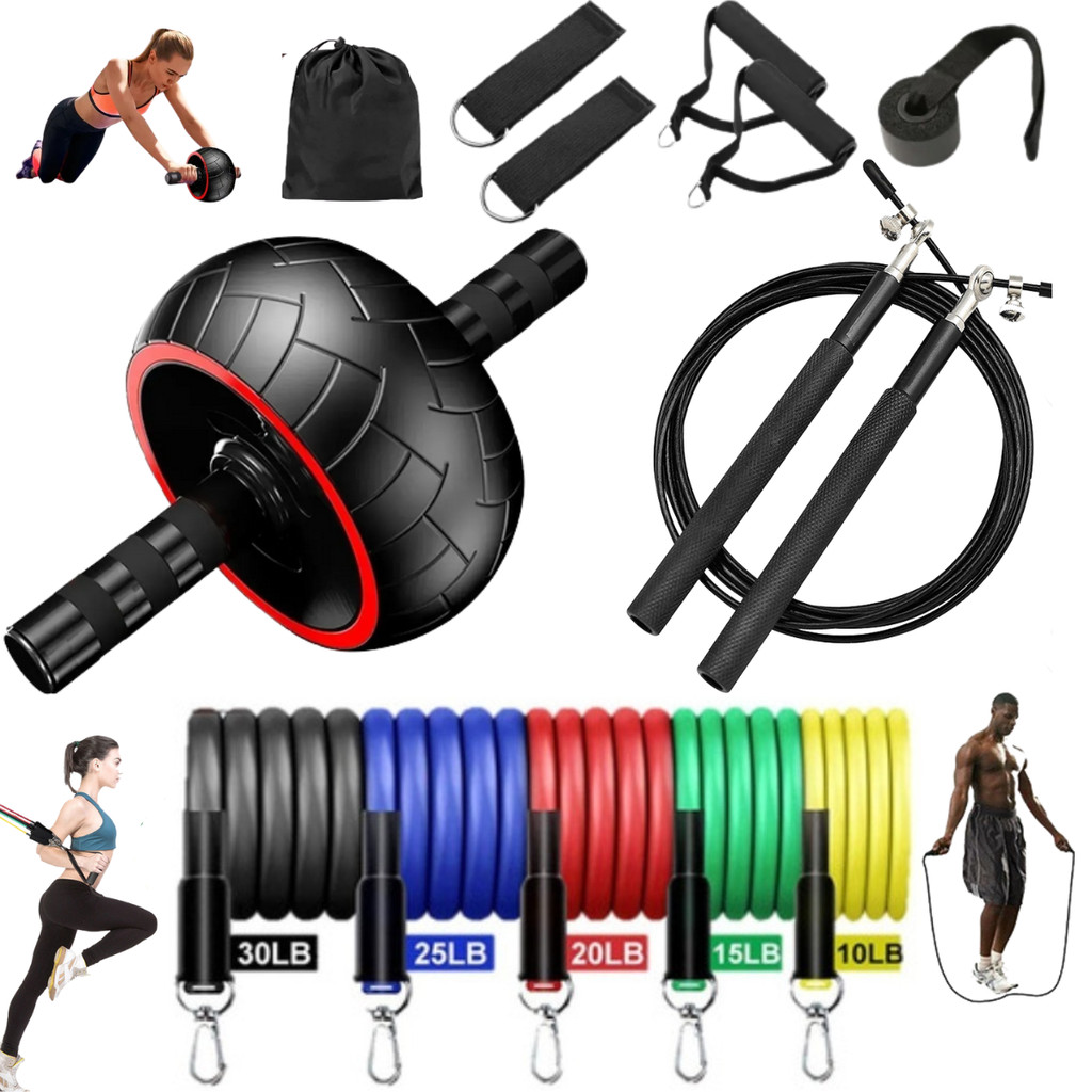 KIT TREINO EM CASA ACADEMIA ELASTICO EXTENSORES RODA ABDOMINAL CORDA DE PULAR TREINAMENTO