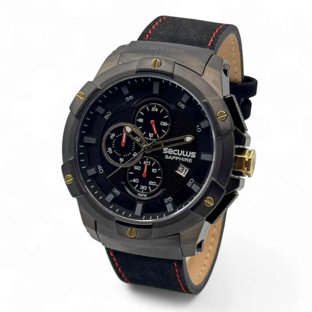 Relógio Masculino Seculus Upper Sapphire Cronógrafo Preto Dourado Aço Inox Pulseira Couro Original 20923GPSVSC4
