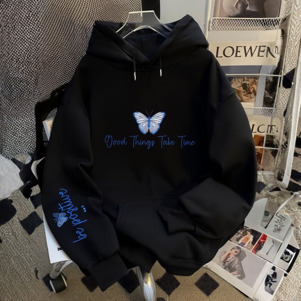 Moletom Butterfly Peluciado Com Bolso Canguru Confortável Vintage Blusa de Frio Blusão