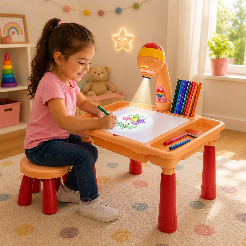 Kit P/ Crianças Cadeirinha e Mesinha Projetora Para Desenhar e Pintar Com Acessó