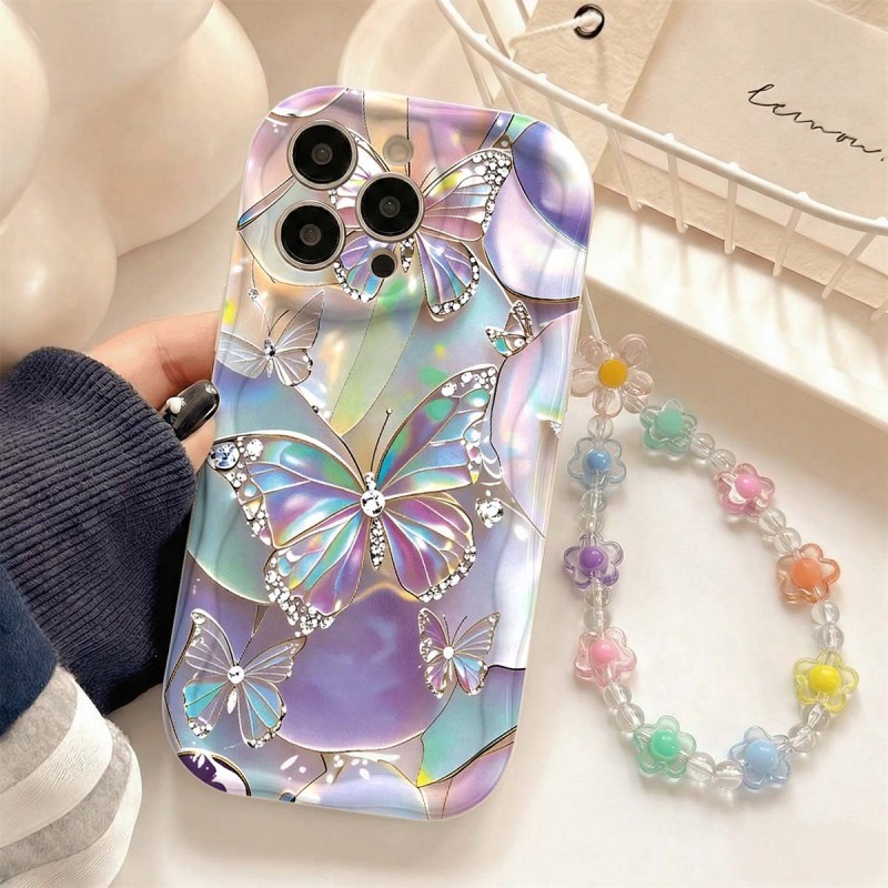 Capinha com Borboleta a Laser e Corrente Para Motorola Moto E13 G15 G22 G24 G35