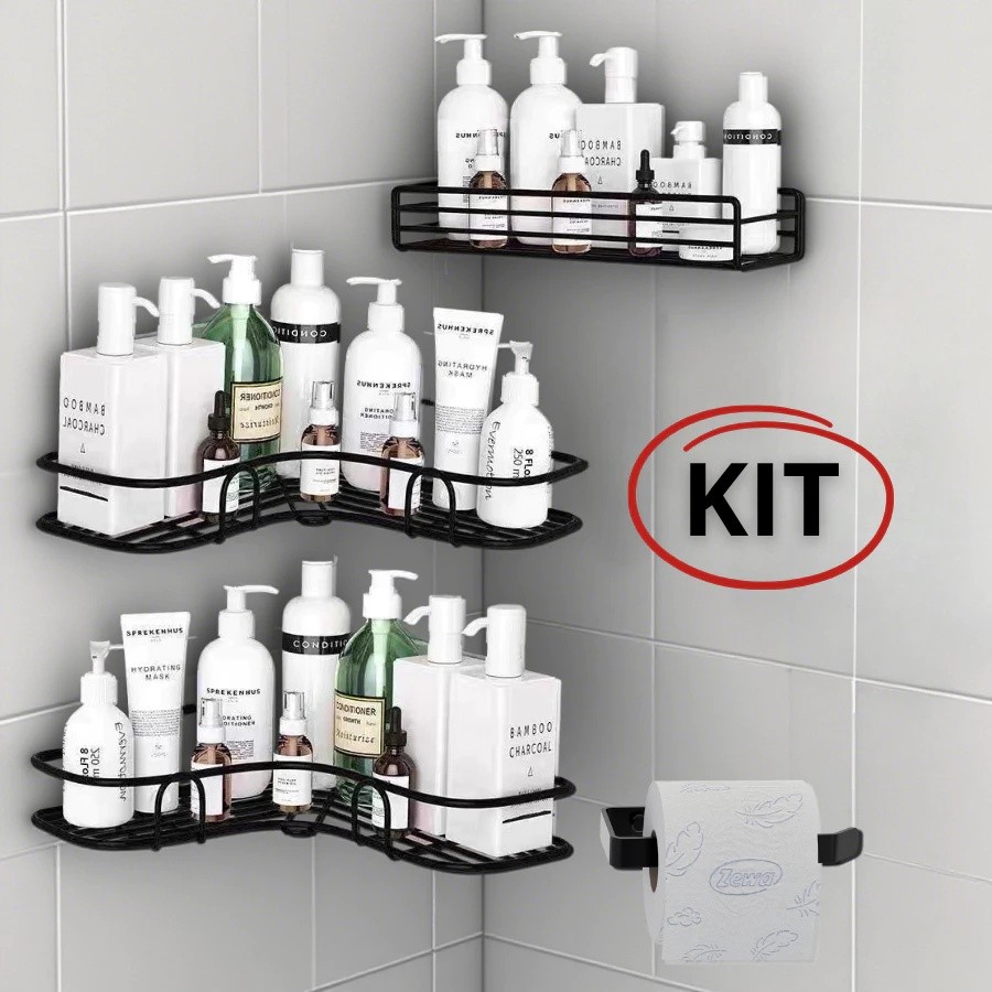 Imagem KIT 3 Prateleiras Suporte Organizador Adesivo Parede Banheiro Cozinha Shampoo Sabonete Metal TOP