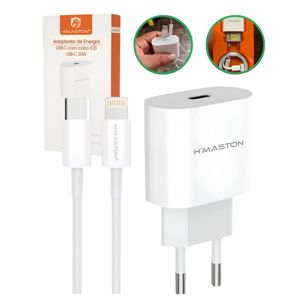 Fonte Cabo Ios Carregador Turbo Cor Branco H'maston CB-17 Adaptador De Energia Tipo-c