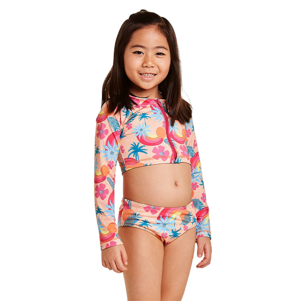 Biquíni Infantil Proteção UV 50+ Tip Top Cropped Manga Longa Feminino Menina Tropical Tucano Laranja Praia e Piscina