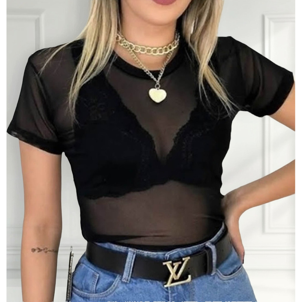 Blusa De Tule Transparente Camiseta Tshirt Manga Curta 1189c em Oferta na Shopee