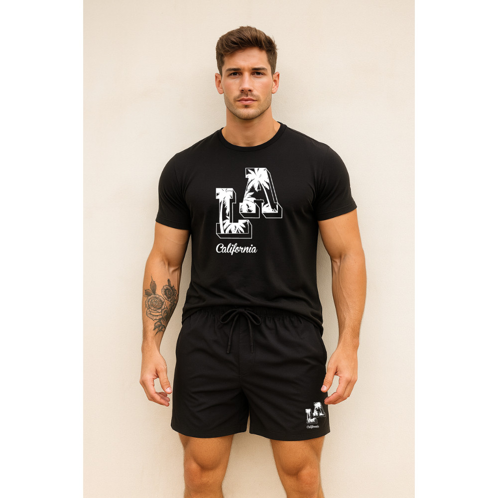 Kit Los Angeles Conjunto Camiseta 100% Algodão Bermuda Short Tactel  Caminhada e Academia