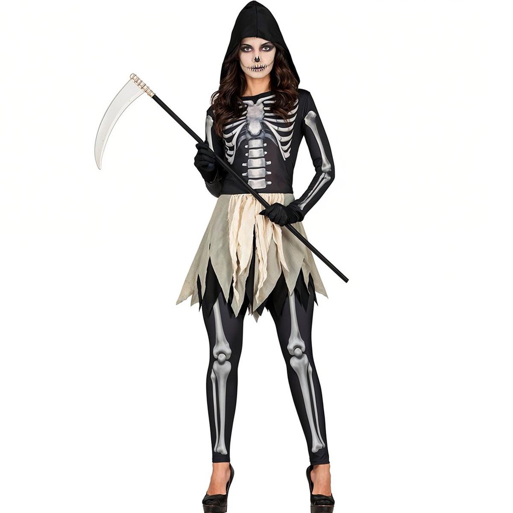 Fantasia Halloween Feminina Adulta Ceifadora Esqueleto Medieval Gótica com Capuz
