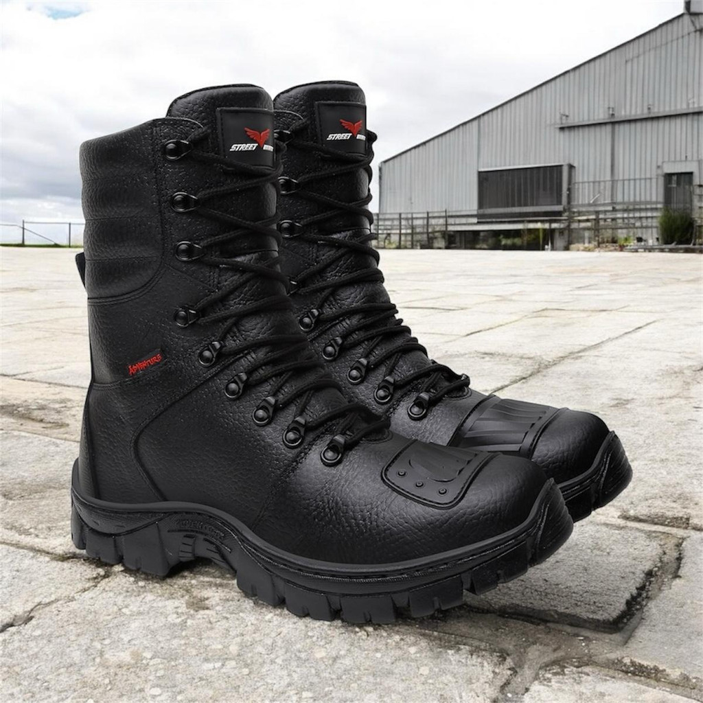 Bota Coturno Militar Em Couro Legitimo Cano Longo Motoqueiro Adventure Motociclista Air Soft Camping Couro Legítimo