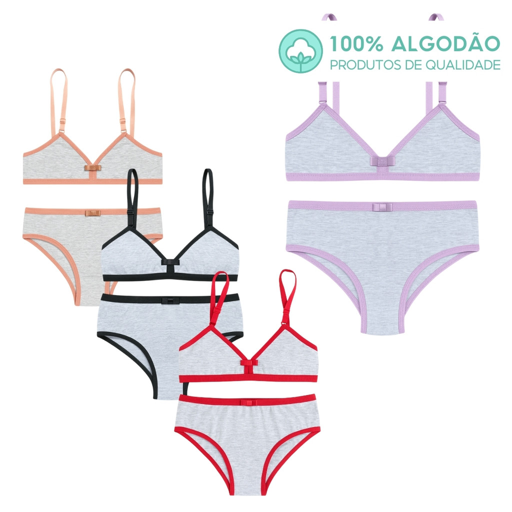 Kit 4 Conjunto Juvenil Infantil Algodão 4 a 15 Anos Menina Moça Confortável Sutiã e Calcinha em Oferta na Shopee