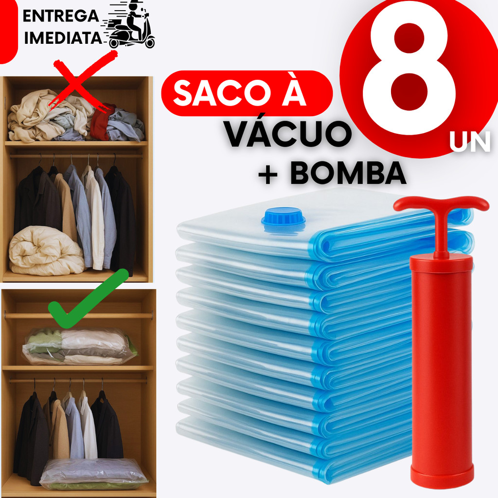 Combo Kit Saco a Vácuo + Bomba Manual Ideal Para Sua Mala Viagem Organização Guarda Roupa Edredom Cama Mesa e Banho