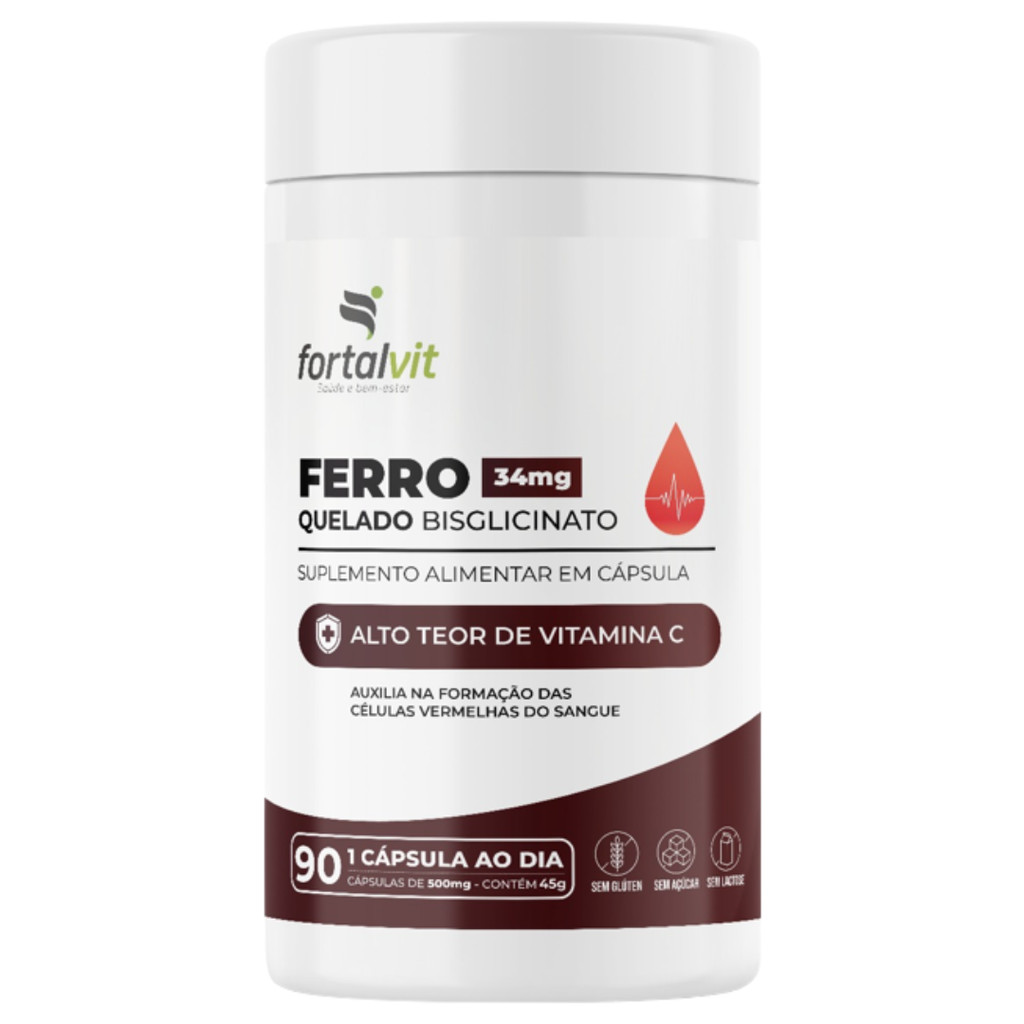 Ferro Quelado Bisglicinato 34mg, 90 Cápsulas, Alto Teor de Vitamina C, Fortalvit em Oferta na Shopee