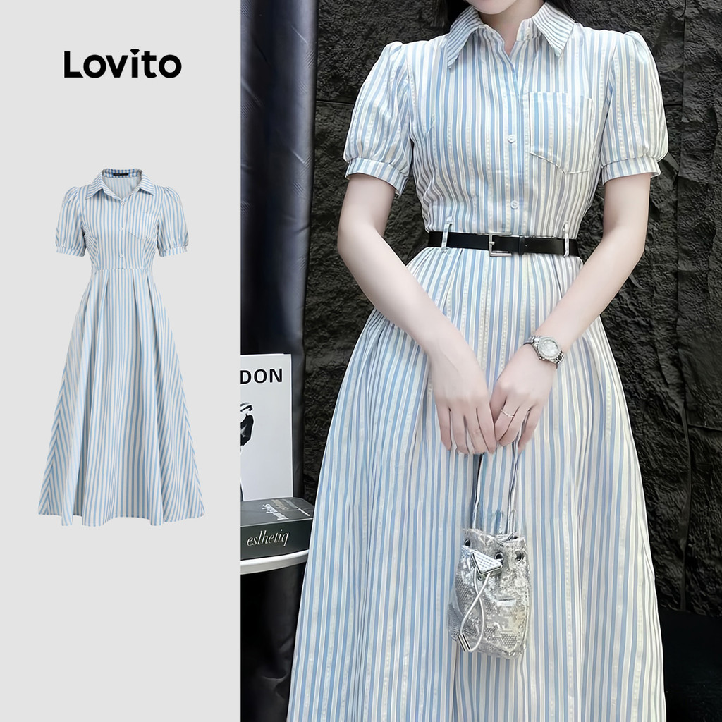 Lovito Vestido Casual Geométrico de Primavera/verão Azul para Mulheres L149ED389