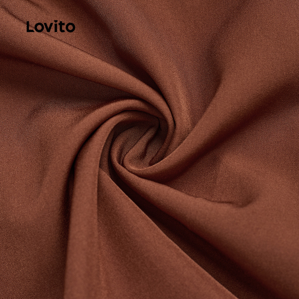 Detalhes do Lovito Refine Vestido Feminino Elegante com Cinto Marrom para Primavera e Verão LBL28336