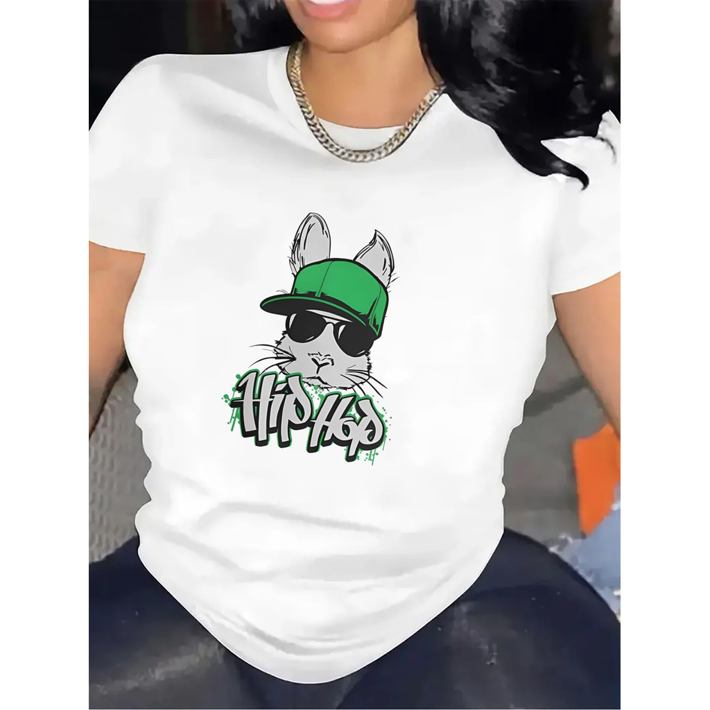 Bonito Camiseta Feminina Com Estampa Gráfica De Coelho Verde Fofo, Camiseta De Algodão Estilo Hip-hop De Rua