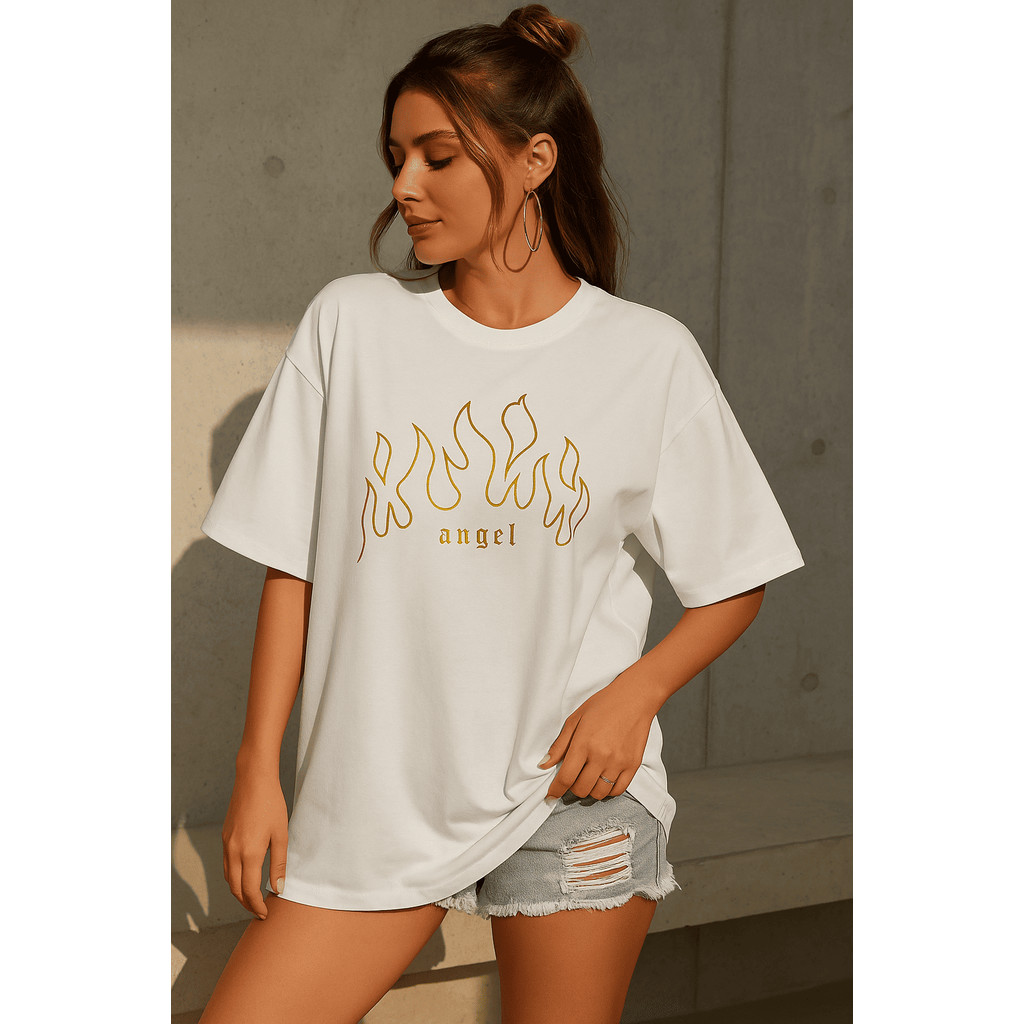 Camiseta Oversized Feminina aesthetic Manga Larga Angel Fogo Anjo Streetwear Moda