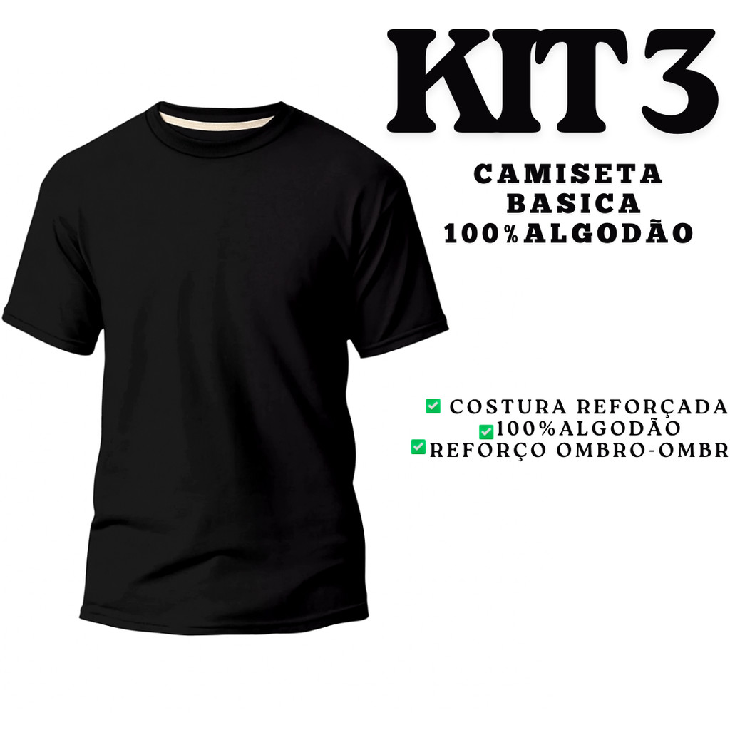 Kit Com 3 Camisetas Básicas Streetwear  T-Shirt Masculina Slim Promoção Algodão em Varias Cores em Oferta na Shopee