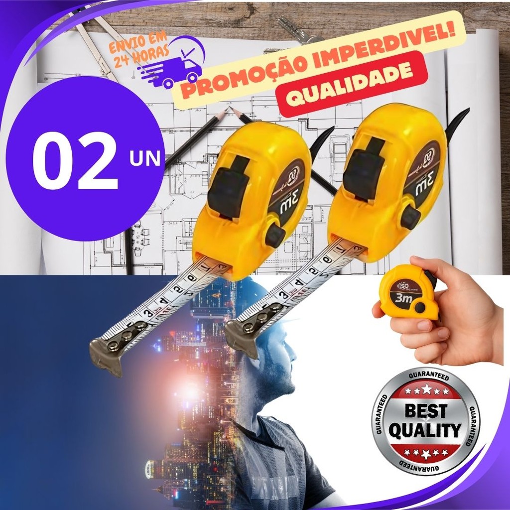 Kit 2 ou 1 un Trena  3m x 15,2mm de Metal c/ Trava Freio Manual, Medidas p/ Obras Reformas