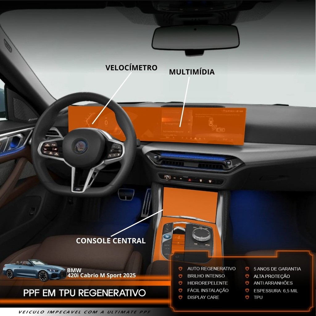 Película PPF Proteção Kit Interior Básico BMW 420i Cabrio M Sport 2025 Transparente TPU Anti Risco