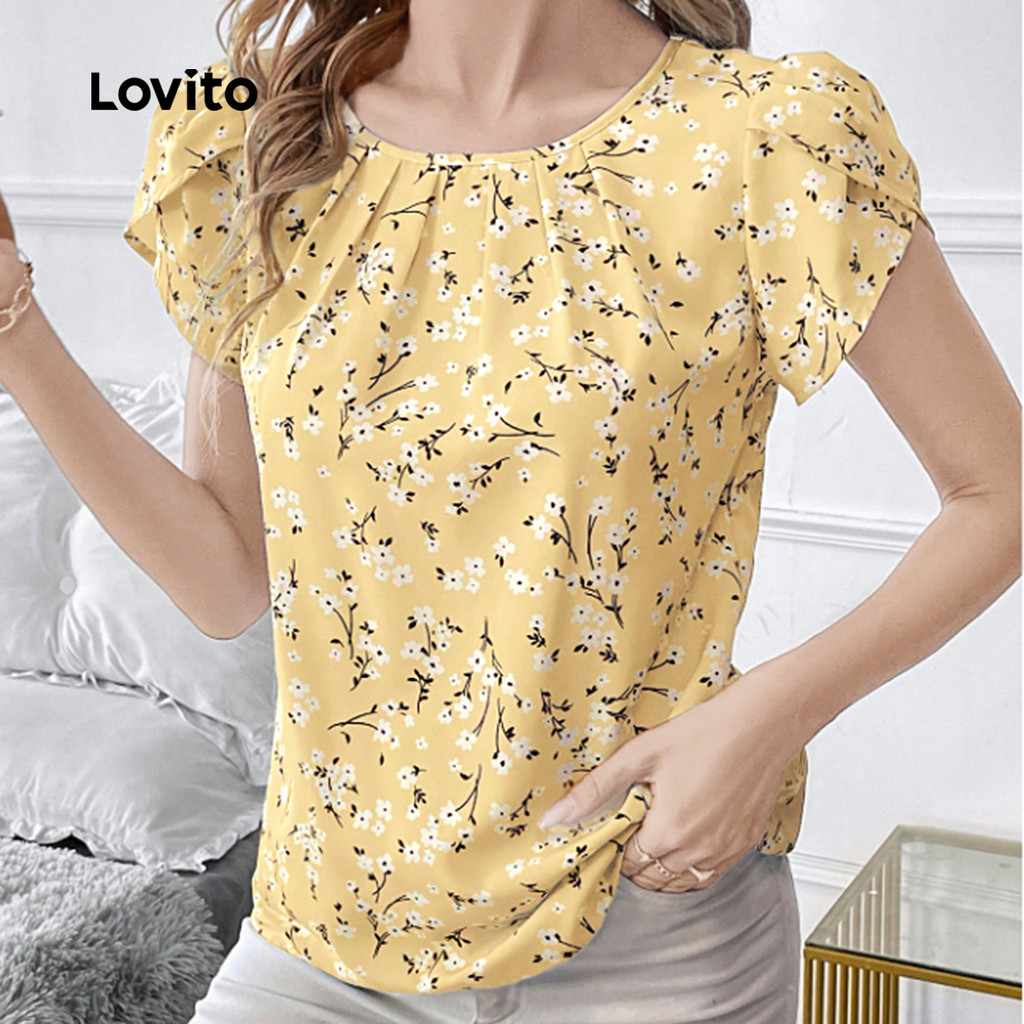 Detalhes do (NEW) Lovito Blusa Casual Dobrada Primavera/verão Amarela para Mulheres L154ED1019