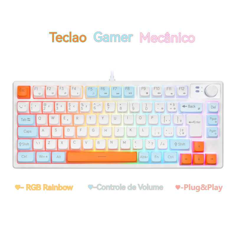 Teclado Gamer Mecânico RGB Rainbow Anti-Ghosting 19Teclas ABNT2 Multimídia Controle Volume Plug&Play