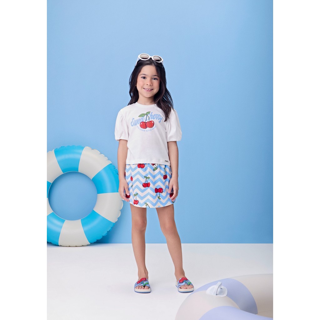 Conjunto Momi Infantil Menina Cereja Strass Azul 04 ao 16