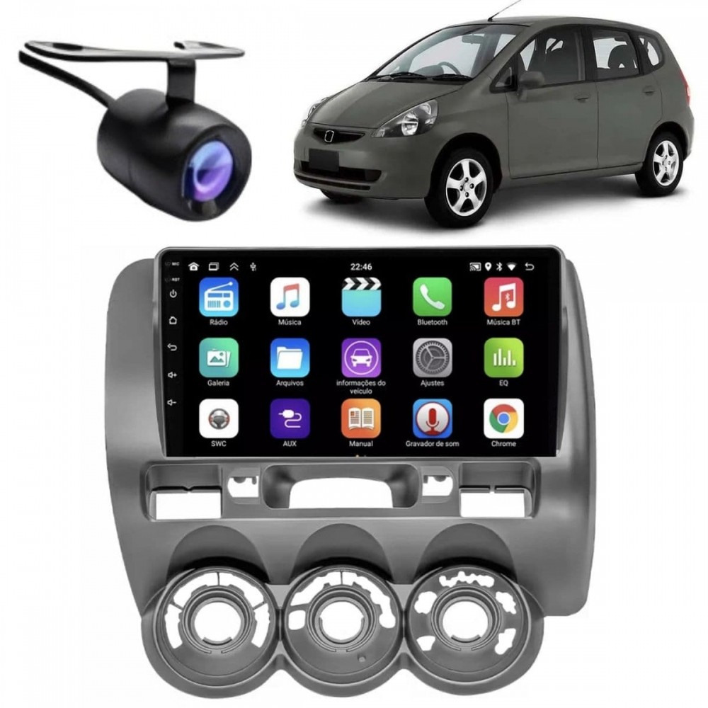 Central Multimídia Android 2 Din Honda Fit Antigo Moldura 9" Câmera Ré Grafite