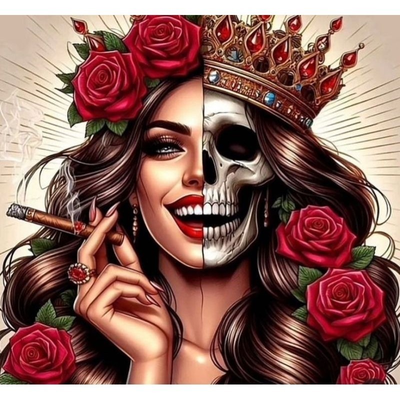 quaddo decorativo pomba gira Rosa Caveira Meia caveira e meia mulher