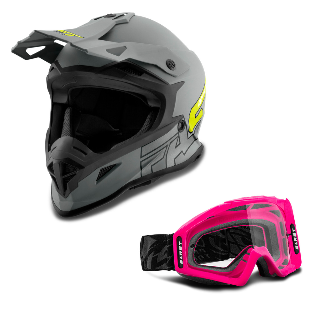 Kit Capacete Motocross Pro Tork Fast 788 Grey Fosco + Óculos Blast Rosa