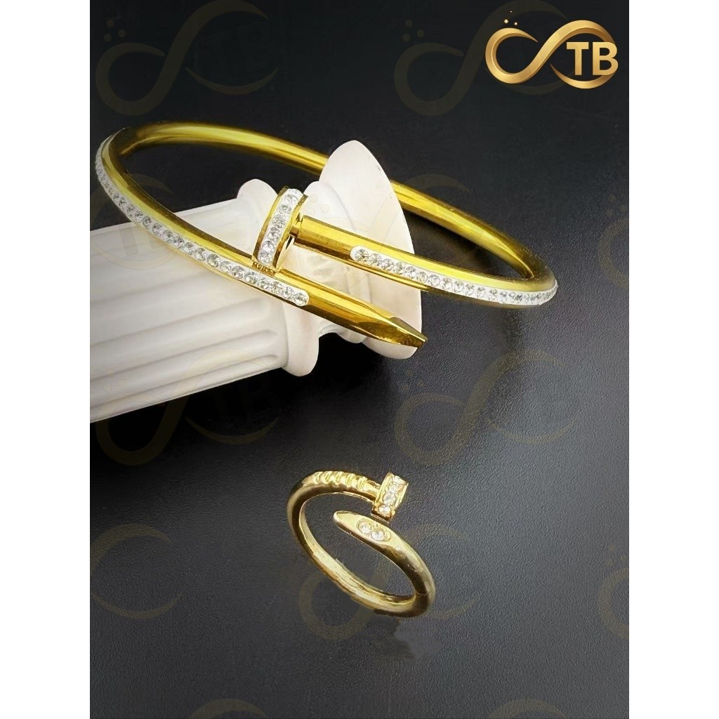 TB Moda Feminina Conjunto de Pulseira e Anel contas "Parafuso" Dourado prata com Strass