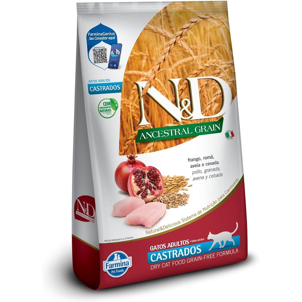 Ração N&D Ancestral para Gatos Adultos Castrados  Sabor Frango, Romã, Aveia e Cevada 1,5Kg
