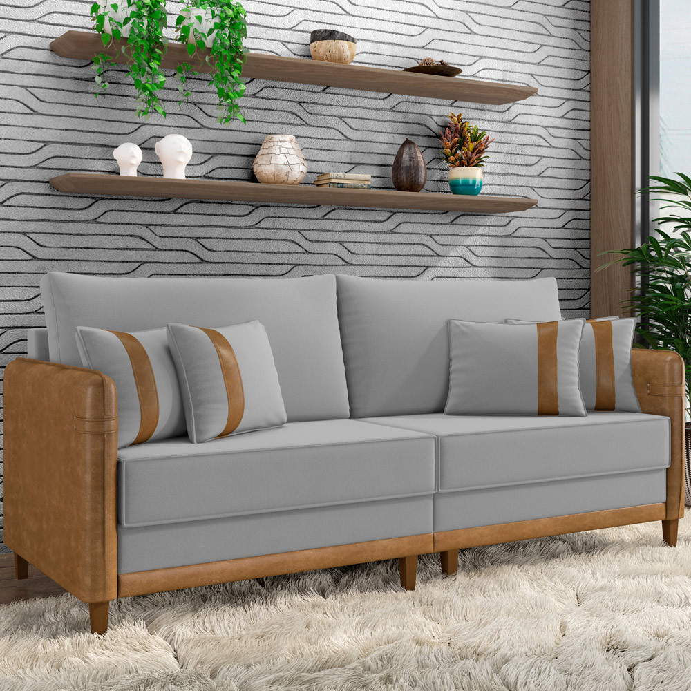 Sofá 3 Lugares Sala de Estar Living 192cm Asbury K01 Veludo Cinza Claro Couríssimo Camel - Lyam Decor