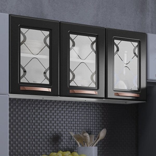 Armário de Cozinha Aéreo Triplo em Aço 3 Portas de Vidro Mirage New  Branco/Preto