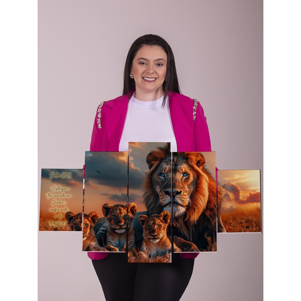 Quadro Decorativo Leão Família 5 Peças Sala Quarto Parede Moderno Grande Painel Safari Savana