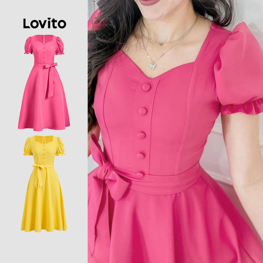 Lovito Vestido Elegante, Liso, Com Botões, Vestido Com Cinto Para Verão/primavera, Para Mulheres L131LD1296 em Oferta na Shopee