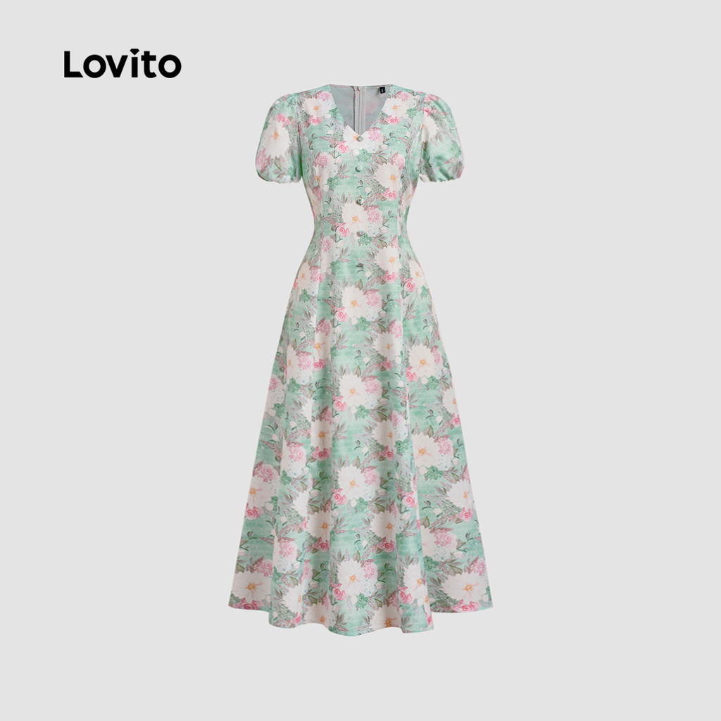 Detalhes do Lovito Vestido Elegante Com Botão Primavera/Verão Vestido Multicolorido Para Mulheres L134ED1074