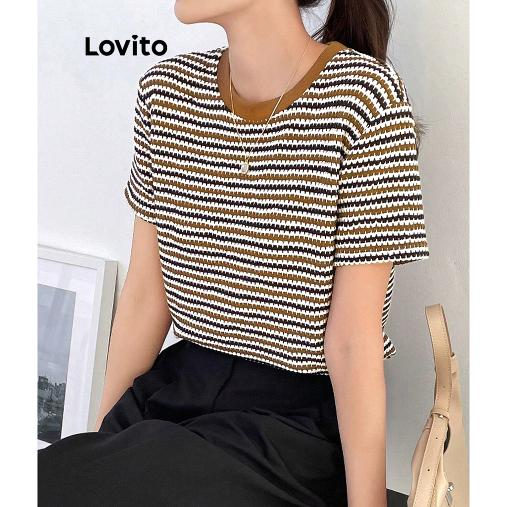 Detalhes do Lovito Blusa Casual Feminina Listrada com Textura Plissada L89ED062 (Multicolorida)