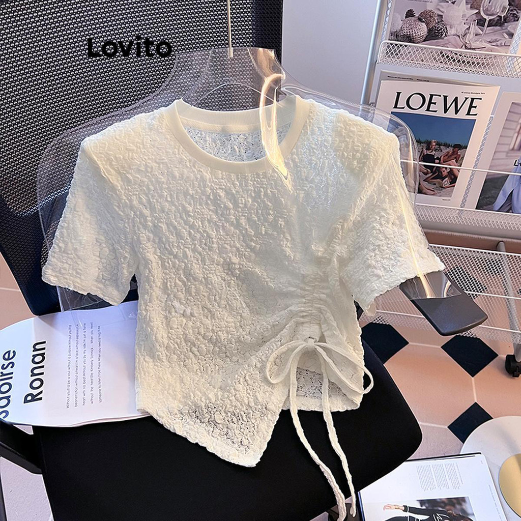 Detalhes do Lovito Camiseta Casual De Renda Lisa Com Cordão Assimétrico Para Mulheres LNE48282