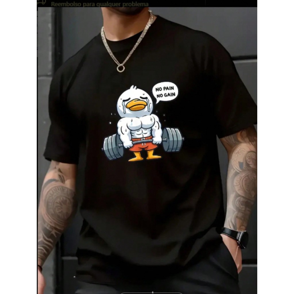 Camiseta Básica Masculina 100% Algodão Pato No Pain No Gain Treino Academia Musculação