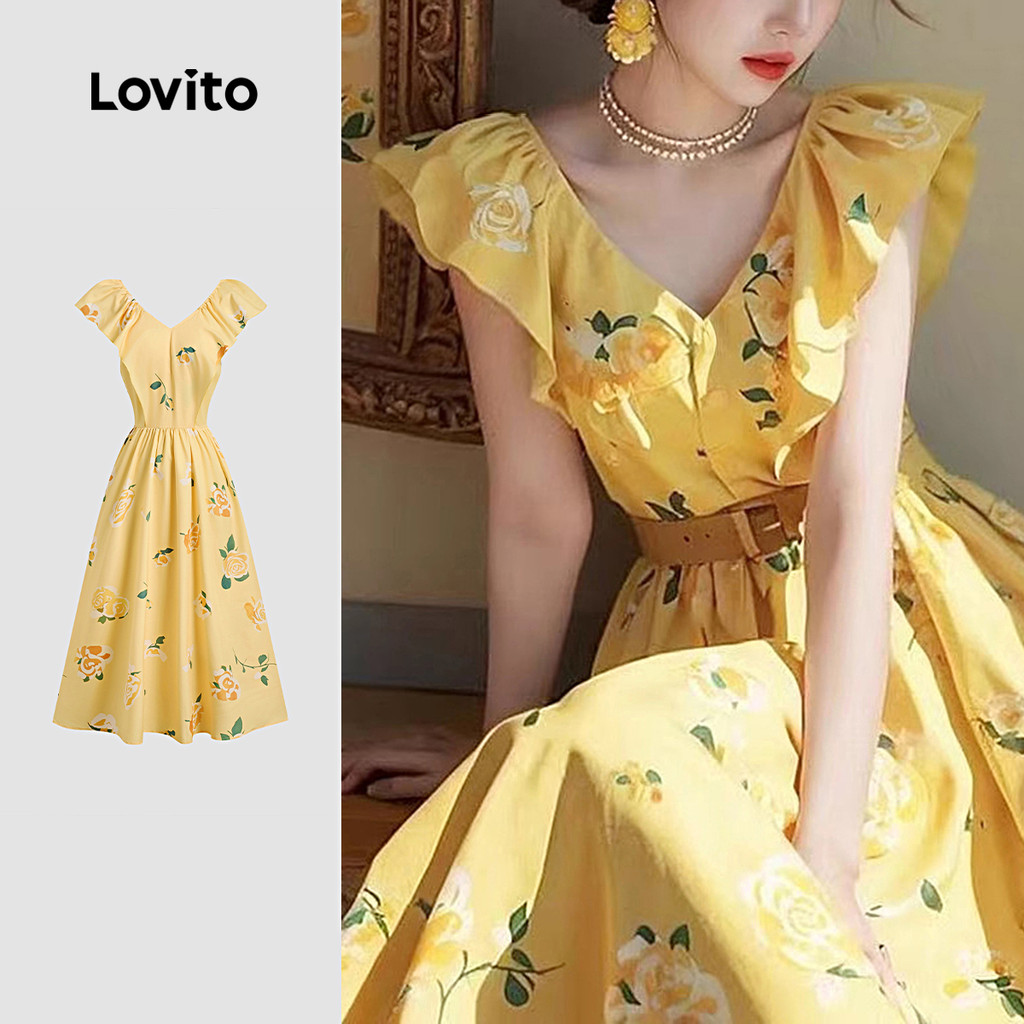 Lovito Vestido Elegante com Ruffle Toque Suave Vestido Primavera/verão para Mulheres L137LD287 em Oferta na Shopee