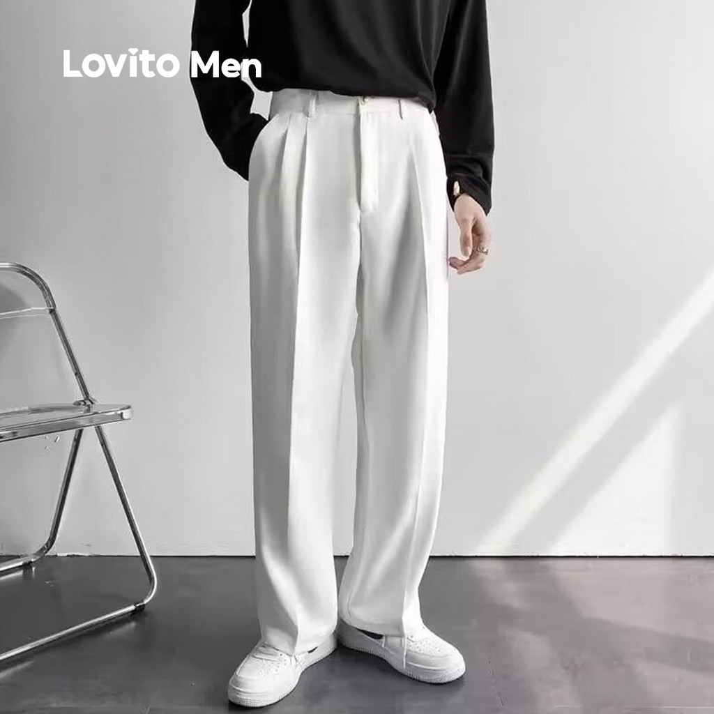 Detalhes do Lovito Calças de Tecido Leves com Bolsos e Pregas para Primavera Verão Masculinas LNE118116